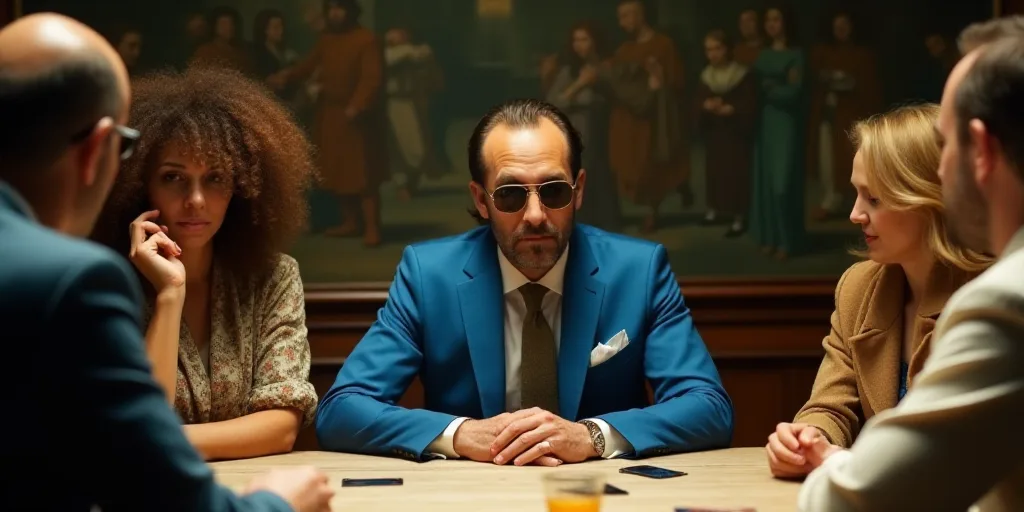 a group of people sitting next to each other at a table with a man in a blue suit and sunglasses, Ca