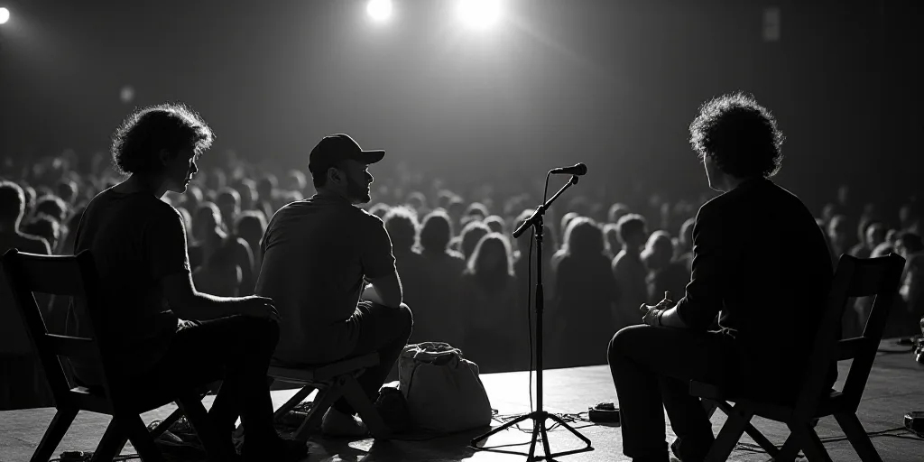 a group of people sitting next to each other in front of a microphone and a crowd of people standing