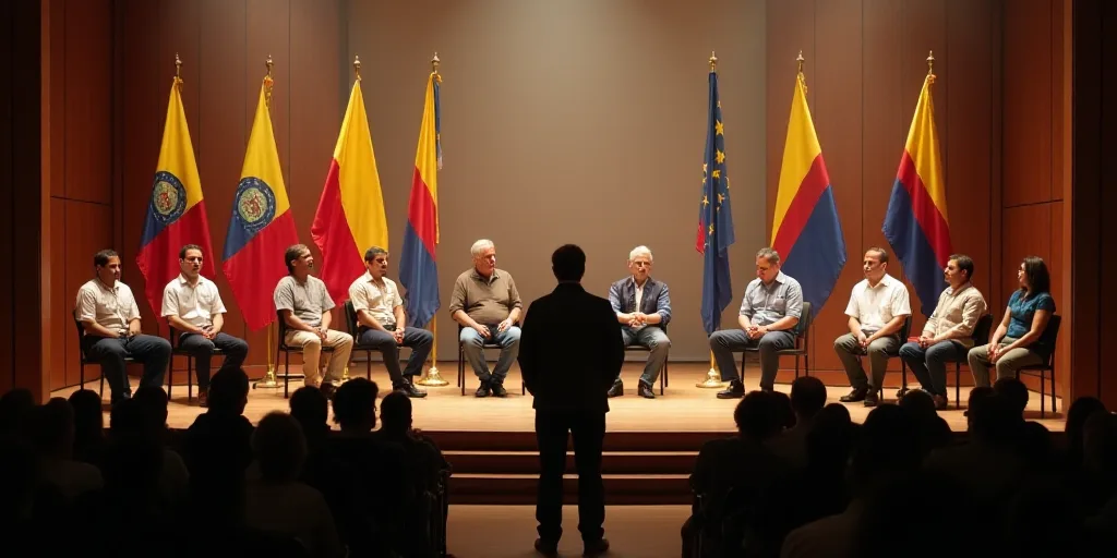 a group of people sitting on a stage with flags on it and a man standing in front of them, Federico