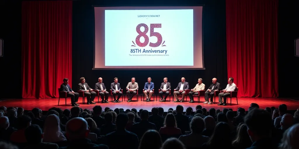 a group of people sitting on a stage with a screen behind them that says an 85th anniversary celebra