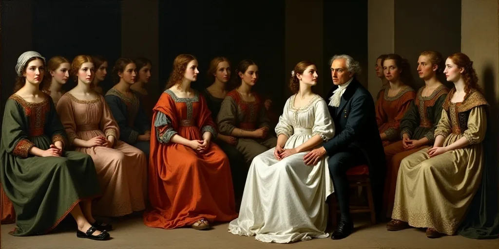 a group of people sitting on a stage with a woman in a white dress and a man in a suit, Celia Fienne