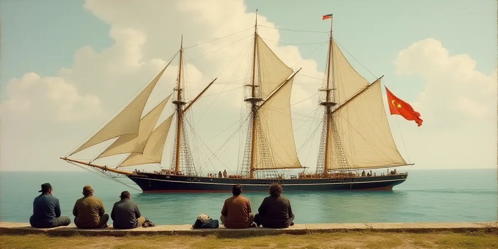 a group of people sitting on a bench next to a tall ship with a flag on it's side, Estuardo Maldonad