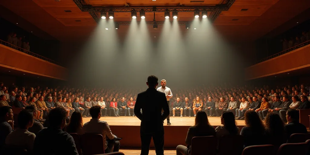a group of people sitting on a stage with a man speaking to them and a woman standing at the front o