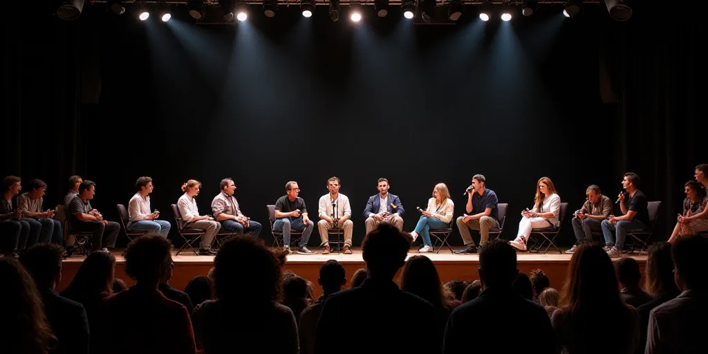 a group of people sitting on a stage in front of a crowd of people with microphones in their hands,