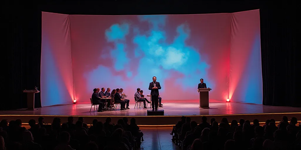 a group of people sitting on a stage with a man standing at a podium in front of them and a man stan