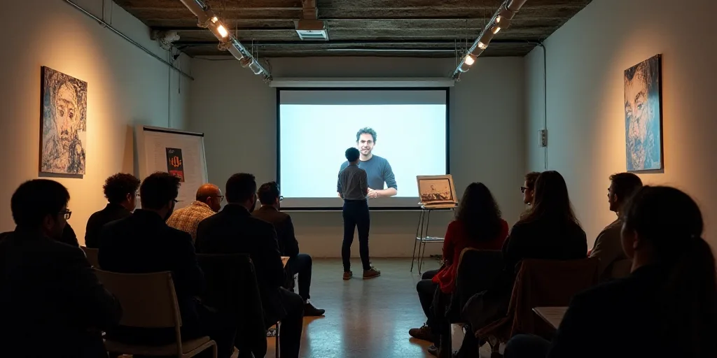 a group of people sitting on chairs in front of a screen with a man speaking on it and a woman stand