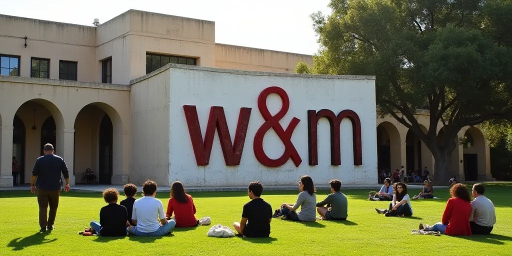 a group of people sitting on the grass in front of a building with a banner behind them that says w