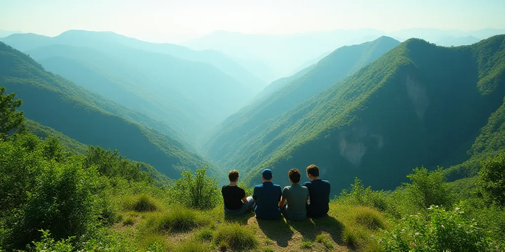 a group of people sitting on top of a mountain next to a lush green hillside covered in trees and bu