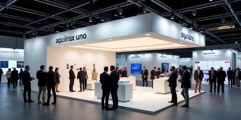 a group of people standing around a booth at a trade show with a man standing in front of it, Aquira