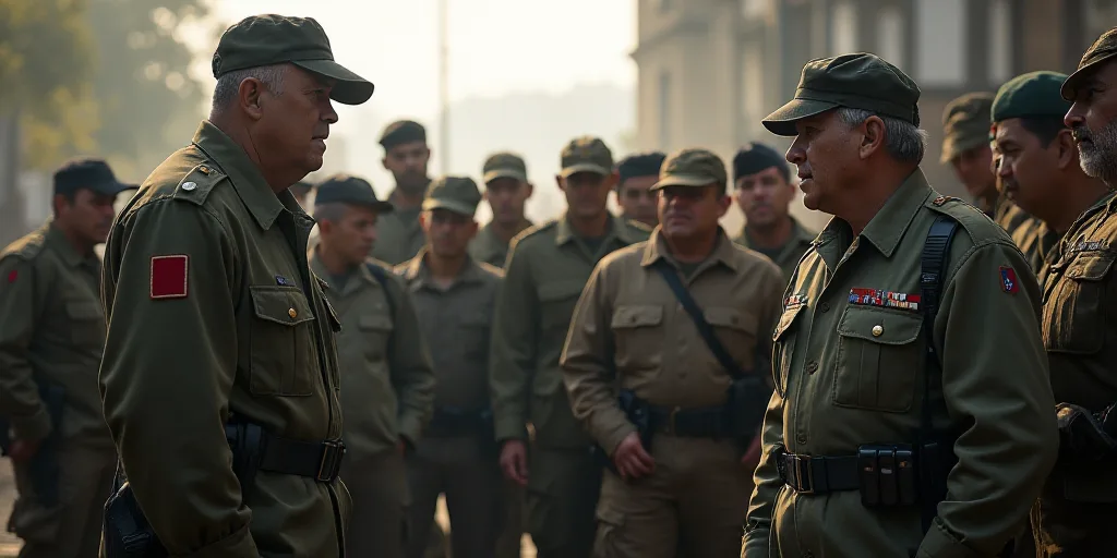 a group of people standing around each other in military uniforms and looking at something on a came