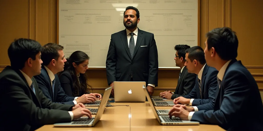 a group of people standing around a table with laptops on it and a man in a suit standing behind the