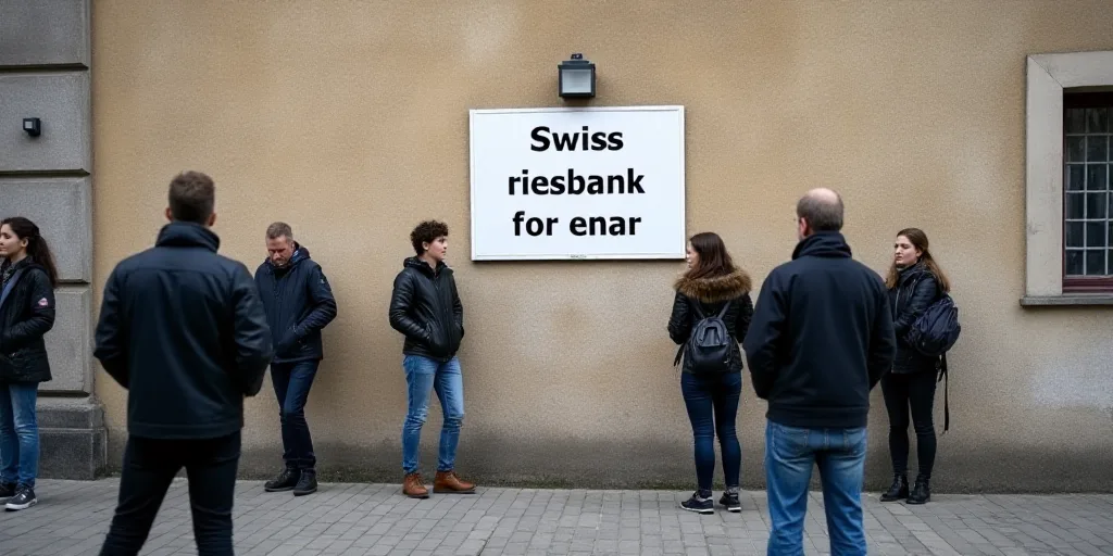 a group of people standing around a wall with a sign on it that says swiss riesbank for enar, Carl G