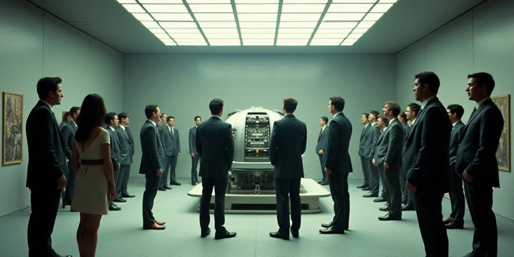a group of people standing around a room with a machine in it's center and a skylight above it, Carl