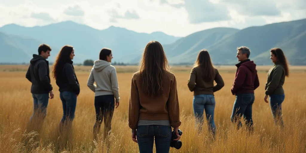 a group of people standing around each other in a field with mountains in the background and a woman