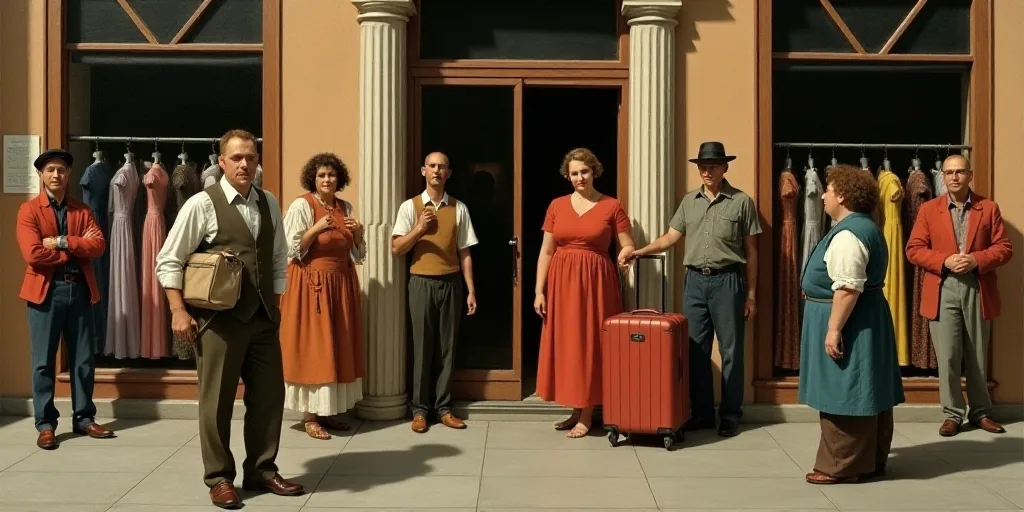a group of people standing around a store with clothes on display and a man holding a bag of luggage
