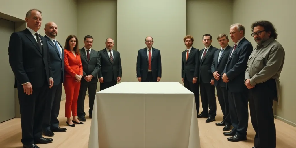 a group of people standing around a table in a building with a white table cloth on it and a man in