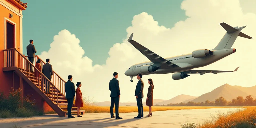 a group of people standing around each other near a staircase and a plane with a man in a suit, Cao