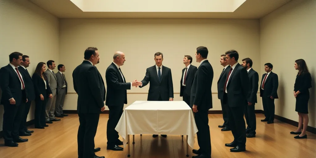 a group of people standing around a table in a building with a white table cloth on it and a man in