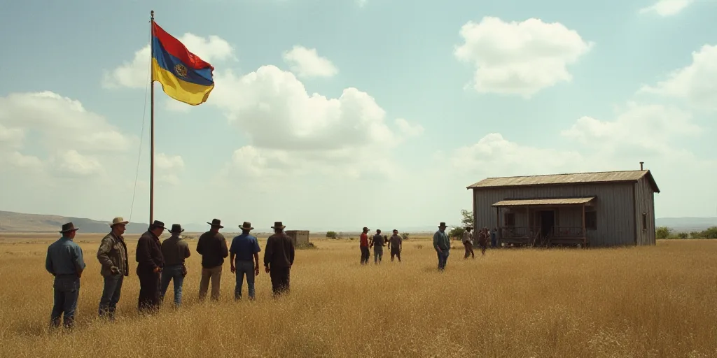 a group of people standing around a field next to a flag pole and a building with a flag on it, Fede