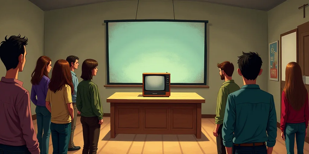 a group of people standing around a wooden table in a room with a tv on it and a podium, Carlos Fran