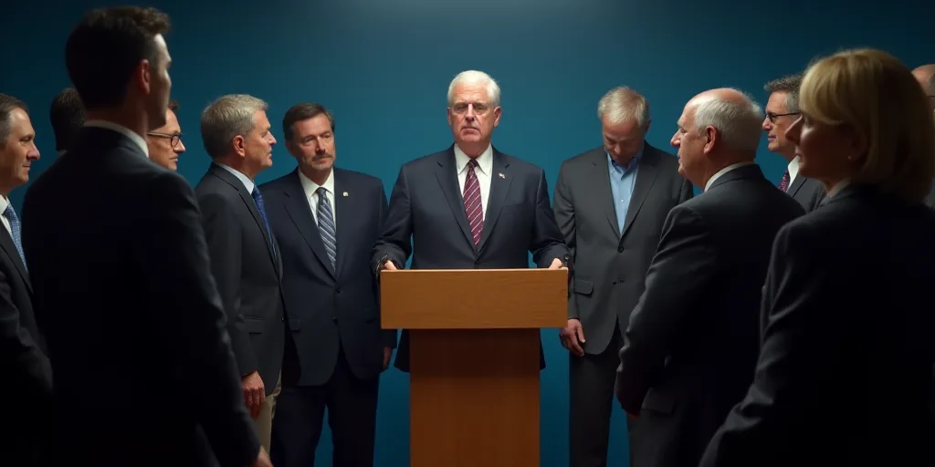 a group of people standing around a podium with cameras around them and a man in a suit and tie, Dav