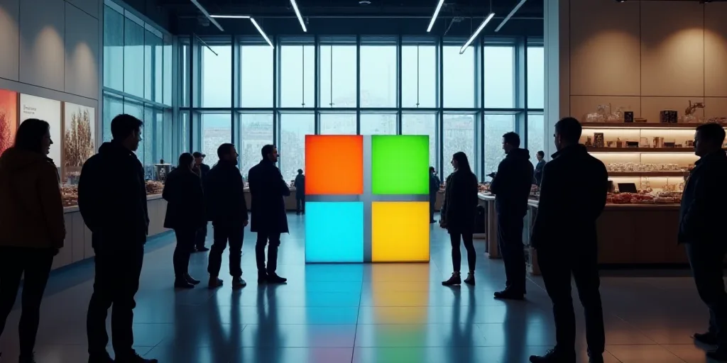 a group of people standing around a microsoft logo in a store with windows on the wall behind them a
