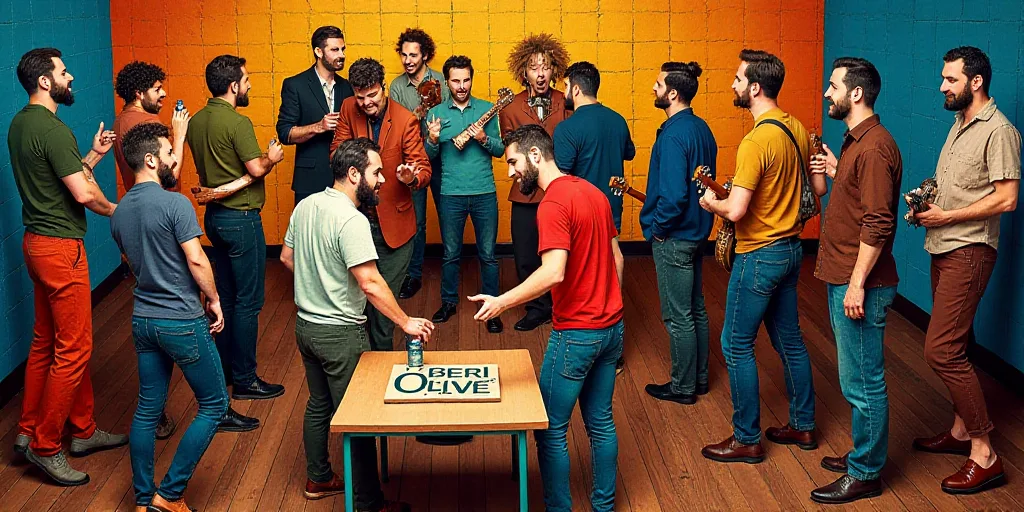 a group of people standing around a table with a sign on it and a band playing on the stage, Ceferí
