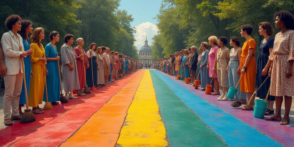 a group of people standing around with brooms and buckets on the ground in front of them and a rainb