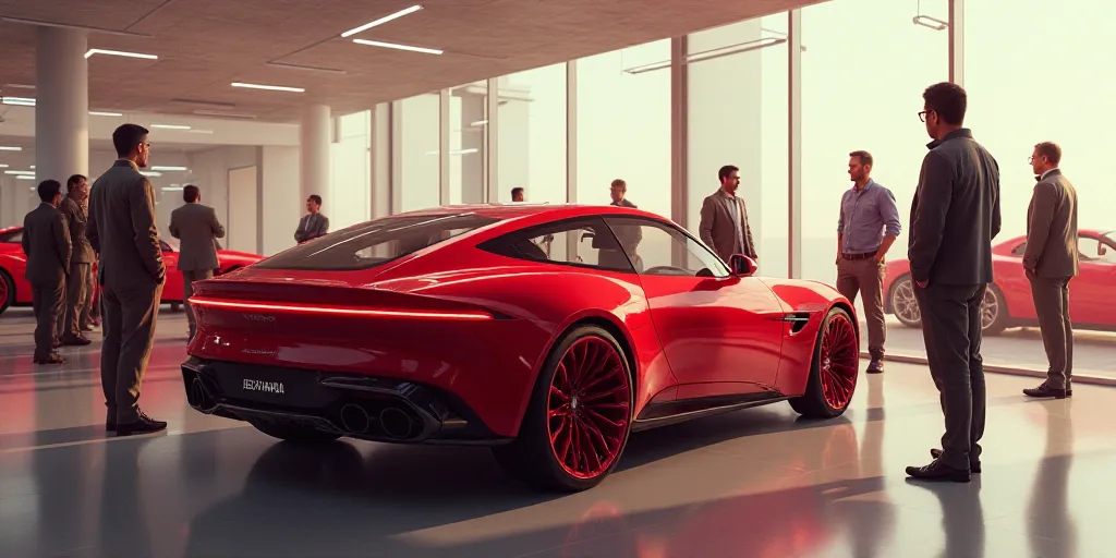 a group of people standing around a red car in a showroom with a red car in the background, Edi Rama