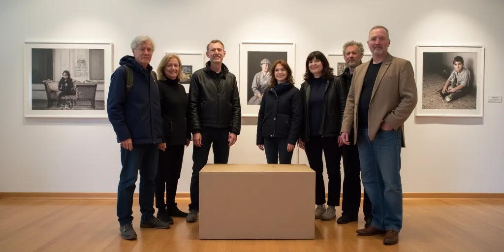 a group of people standing around a box on a hard wood floor with pictures on the wall behind them,