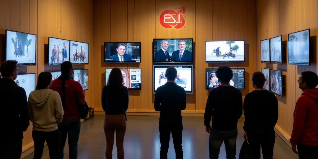 a group of people standing around a display of different types of televisions and monitors on wooden