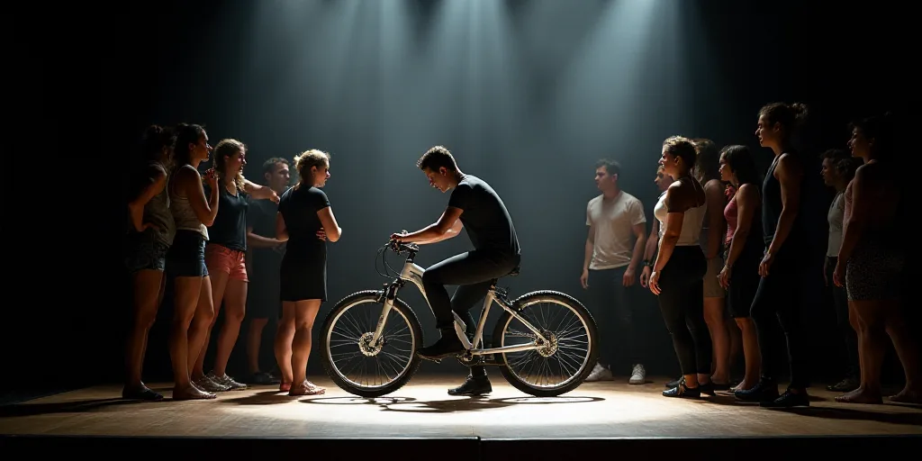 a group of people standing around a bike on a stage with a man standing next to it and a woman stand