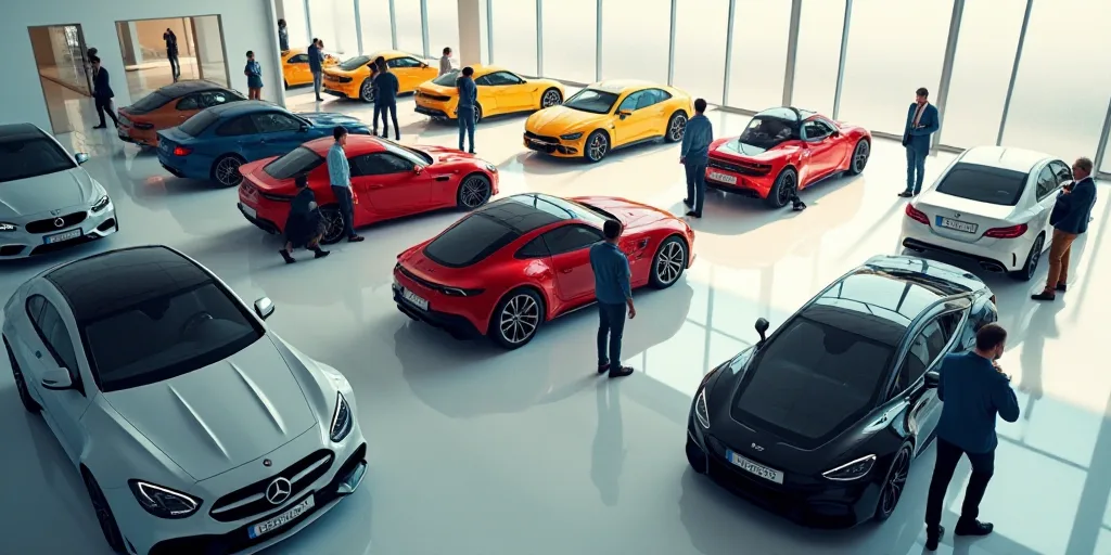 a group of people standing around a bunch of cars in a showroom with people walking around them and