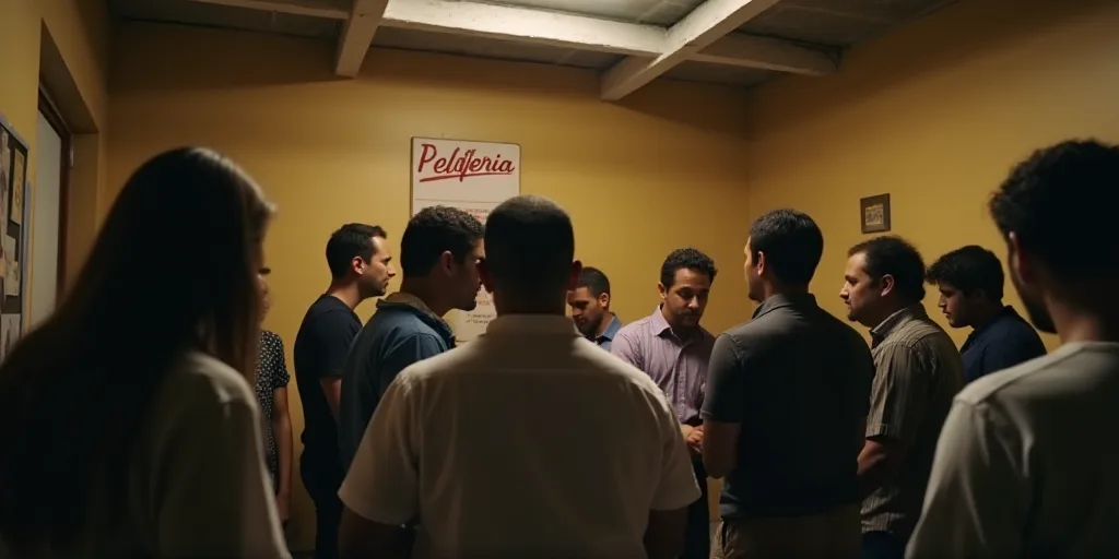 a group of people standing around each other in a room with a sign that says peleferia, Federico Uri