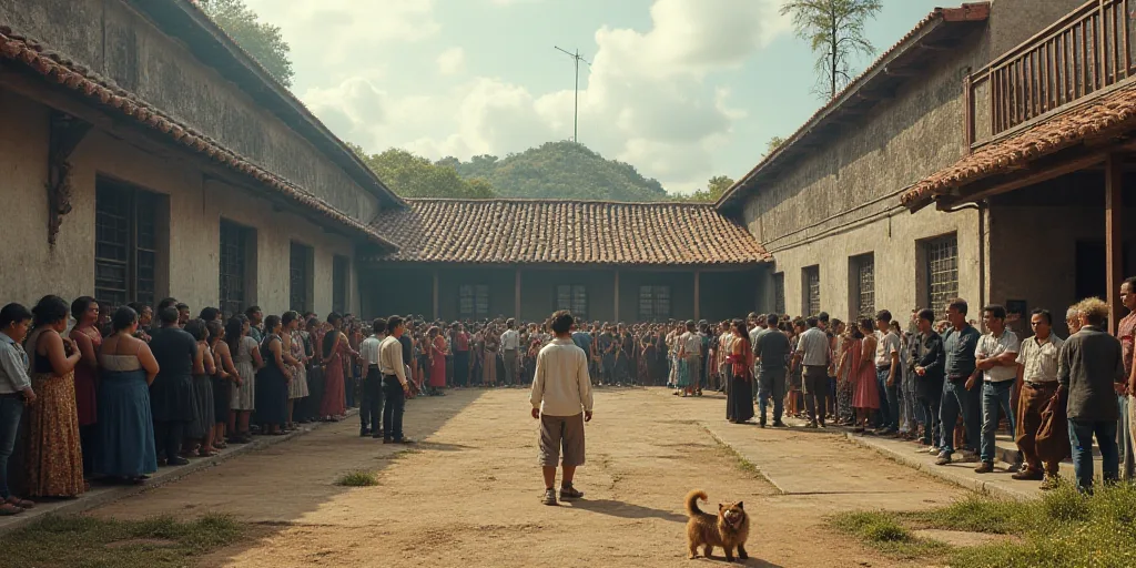 a group of people standing around a group of people in front of a building with a dog on the ground,