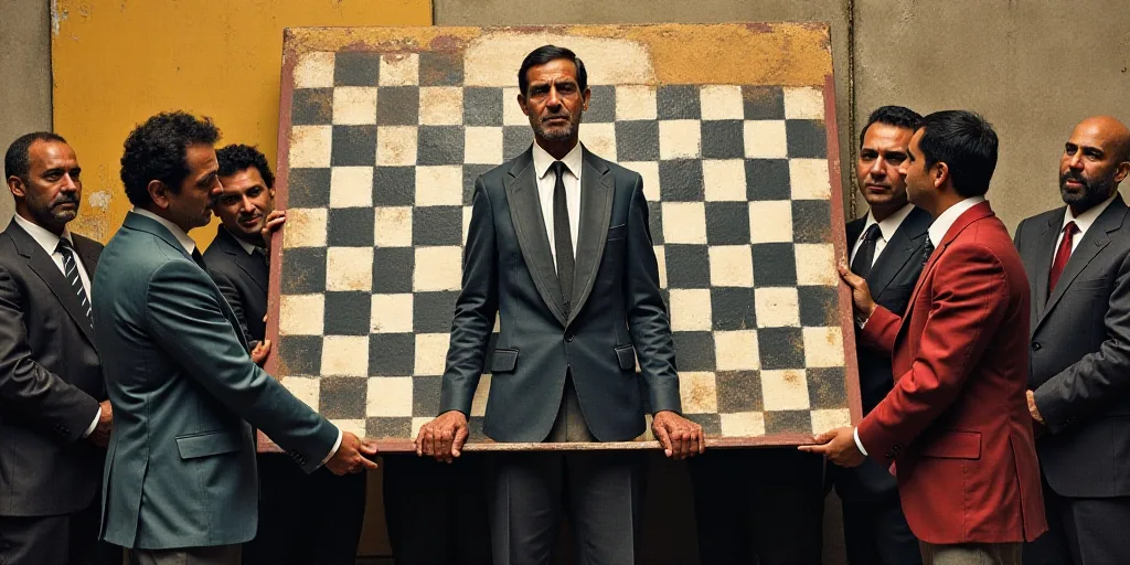 a group of people standing around each other holding a large checkered board with a man in a suit on