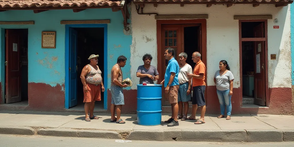 a group of people standing around a blue barrel on a sidewalk next to a building with a sign on it,