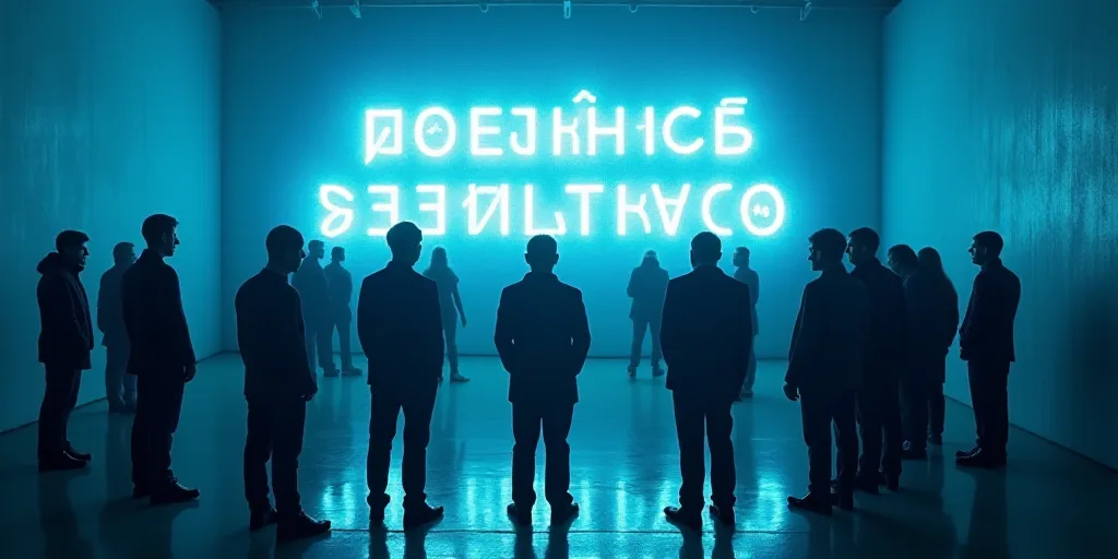 a group of people standing around each other in front of a blue wall and a sign with a russian langu