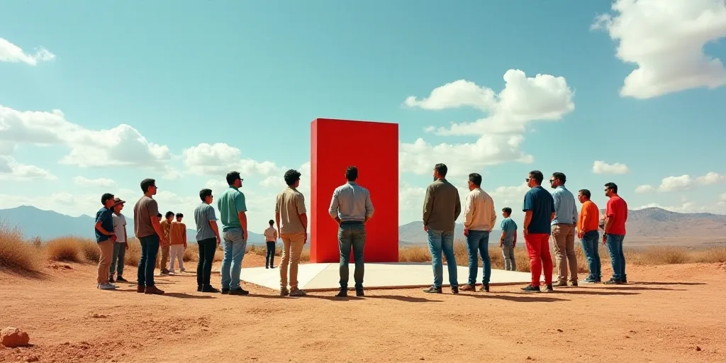 a group of people standing around a monument in the dirt with a sky background and a red sign in the