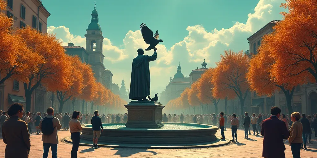 a group of people standing around a fountain in a city square with a statue of a man holding a bird,