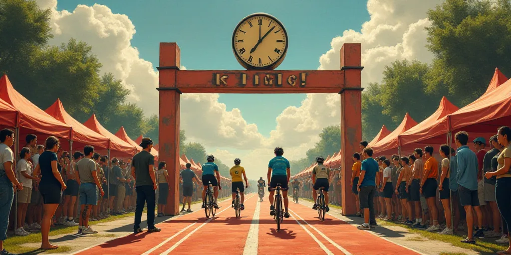 a group of people standing around a bike race finish line with a clock on the top of the finish line