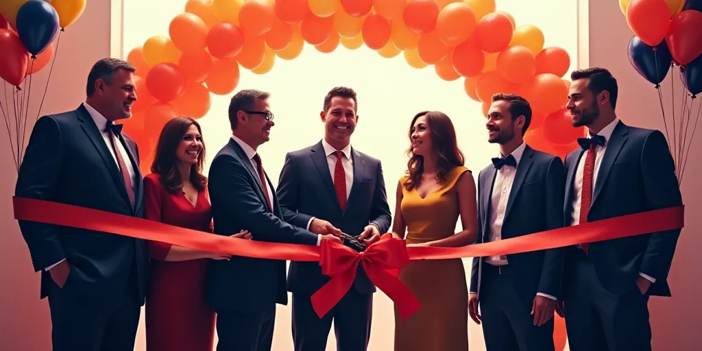 a group of people standing around a ribbon cutting a ribbon at a ribbon cutting ceremony with balloo