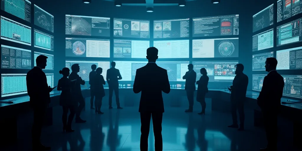 a group of people standing around a room with lots of monitors on it's walls and a man holding a tab