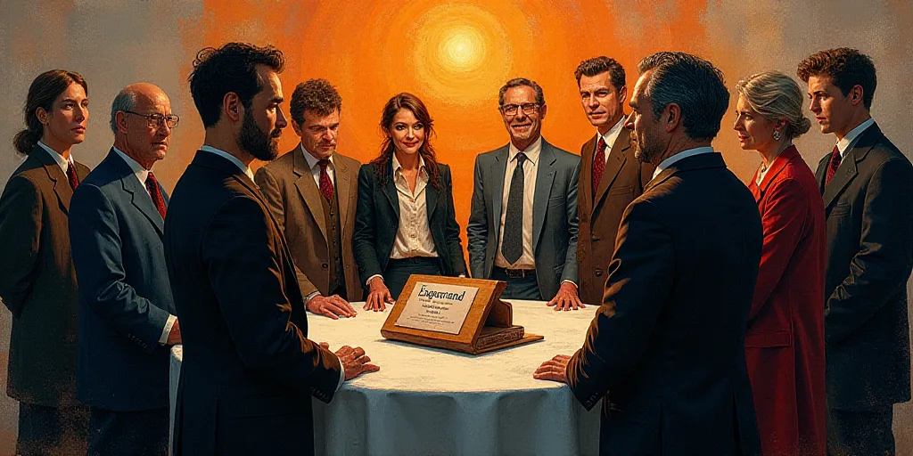 a group of people standing around a table holding up a plaque and a plaque with a name on it, Enguer