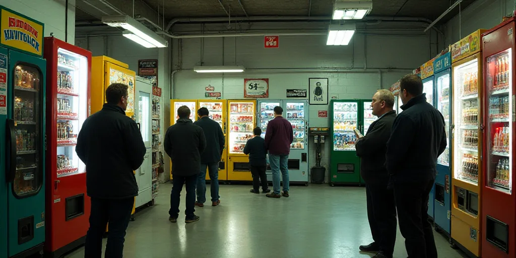 a group of people standing around a store filled with items and vending machines with people standin