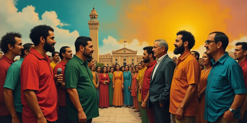 a group of people standing around each other in front of a building with a tower in the background a