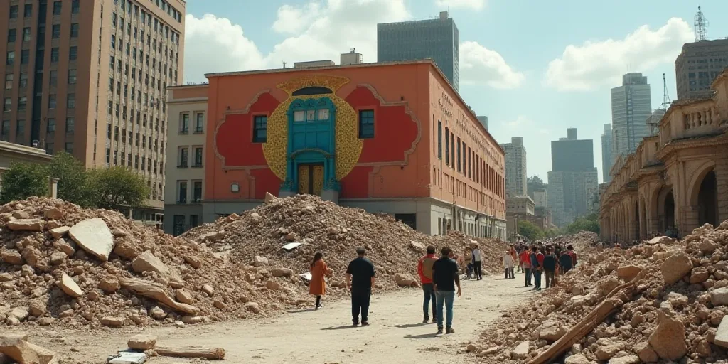 a group of people standing around a pile of rubble and debris in a city area with a building in the