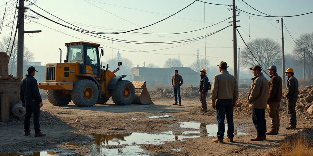a group of people standing around a construction site with a bulldozer in the background and a const