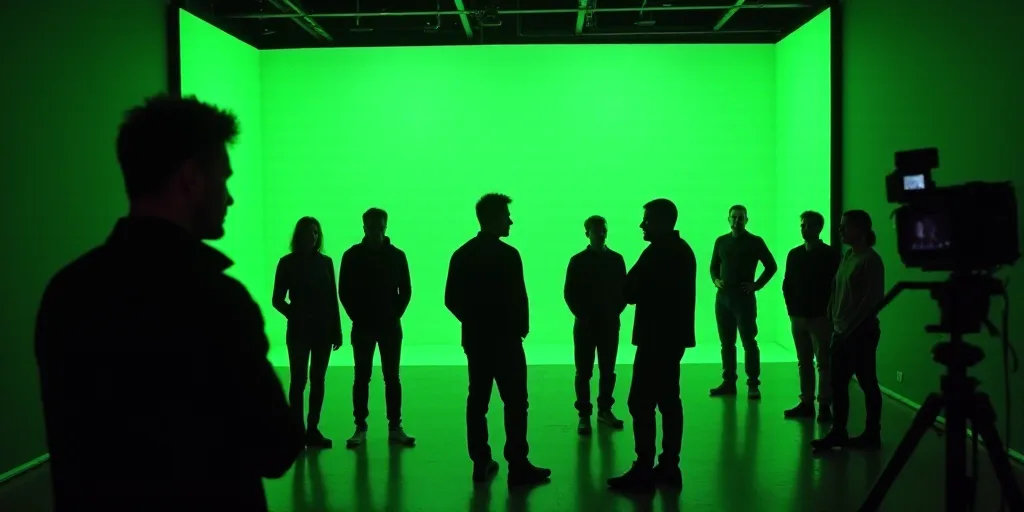 a group of people standing around a green screen in a room with a camera and a green screen behind t