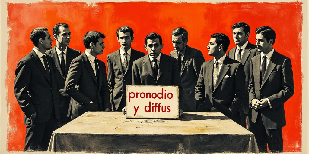 a group of people standing around a table with a sign on it that says, pronodio y difus, David Alfar